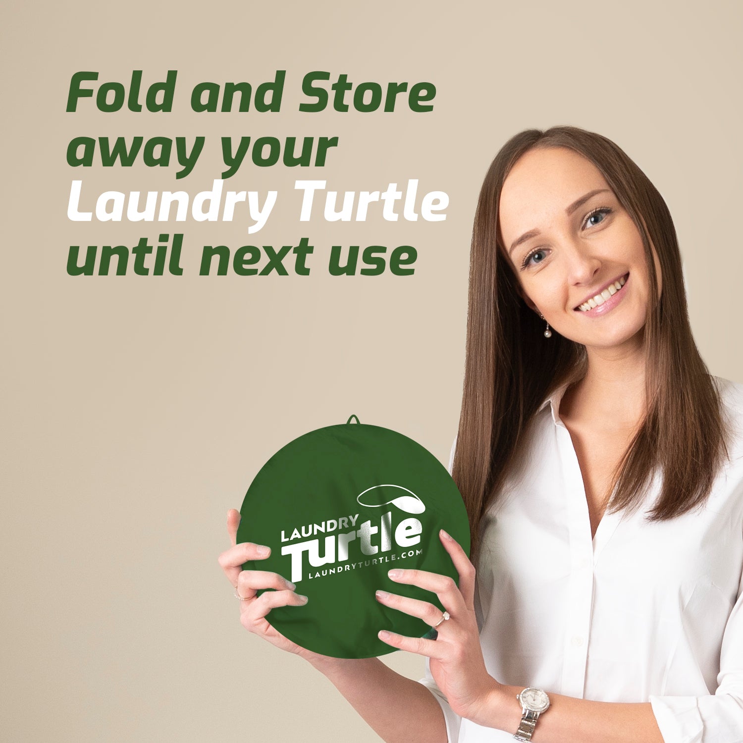 A woman holding a #LaundryTurtle with the text folds and stores until next use.