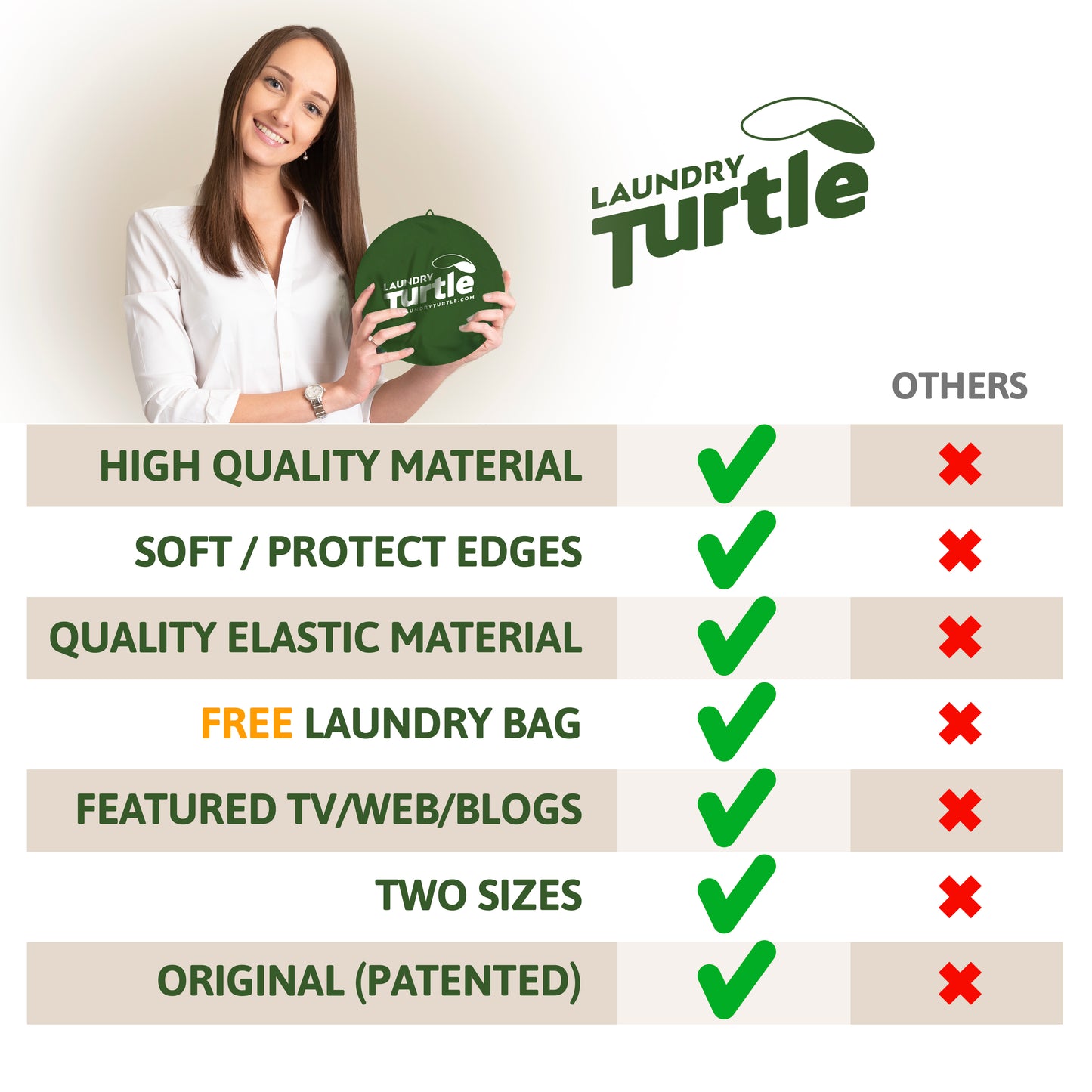 A woman is holding a Laundry Turtle. Below is a list comparing why our product is better. 