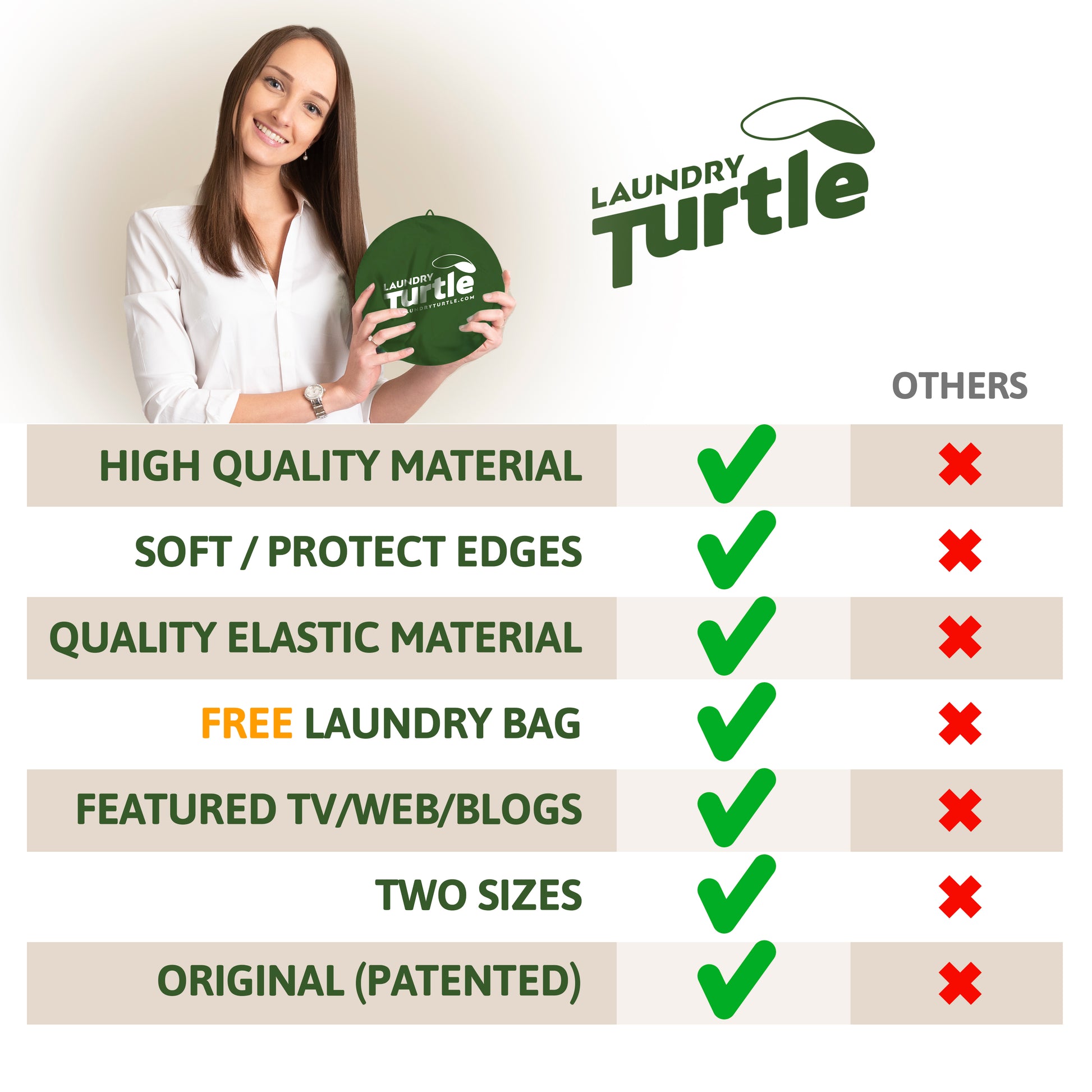 A woman is holding a Laundry Turtle. Below is a list comparing why our product is better. 