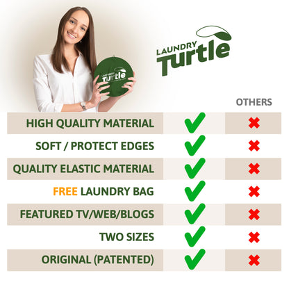 A woman is holding a Laundry Turtle. Below is a list comparing why our product is better. 