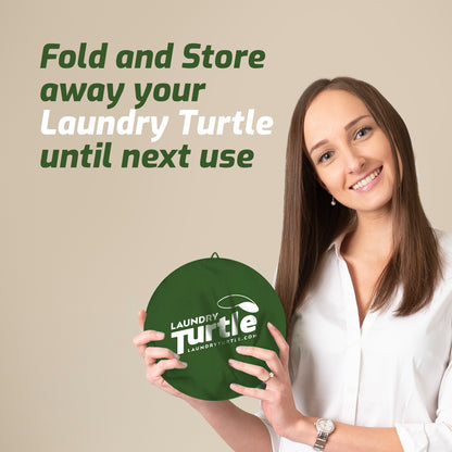 A woman holding a #LaundryTurtle with the text folds and stores until next use.