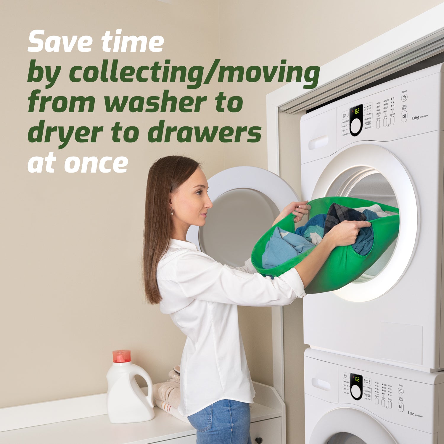 A woman opening a Laundry Turtle washing machine to save time collecting laundry from washer to dryer.